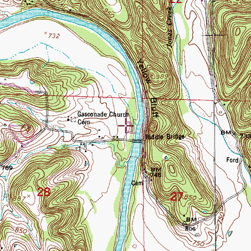Topographic Map of Yellow Bluff Cottages (historical), MO