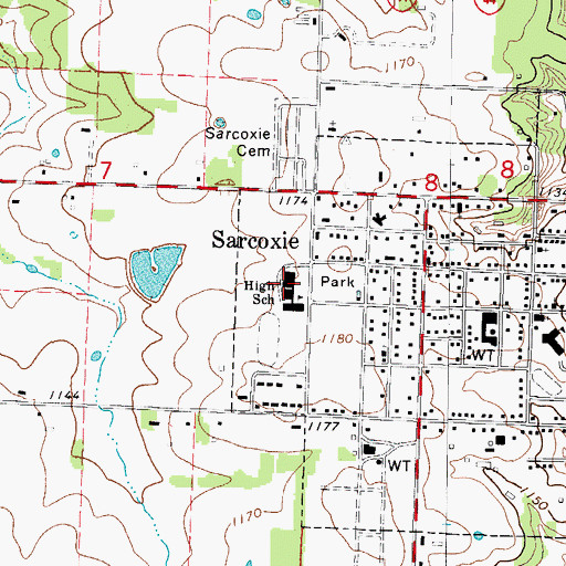 Topographic Map of Sarcoxie High School, MO