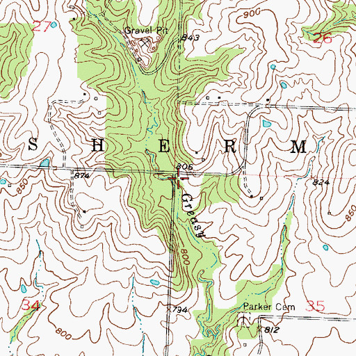 Topographic Map of Greasy School (historical), MO