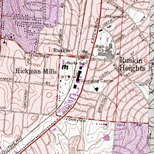 Topographic Map of Ruskin Heights Shopping Center, MO