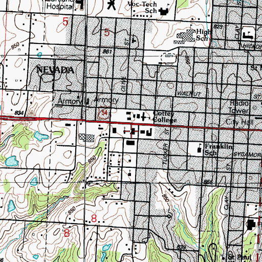 Topographic Map of Cottey College, MO