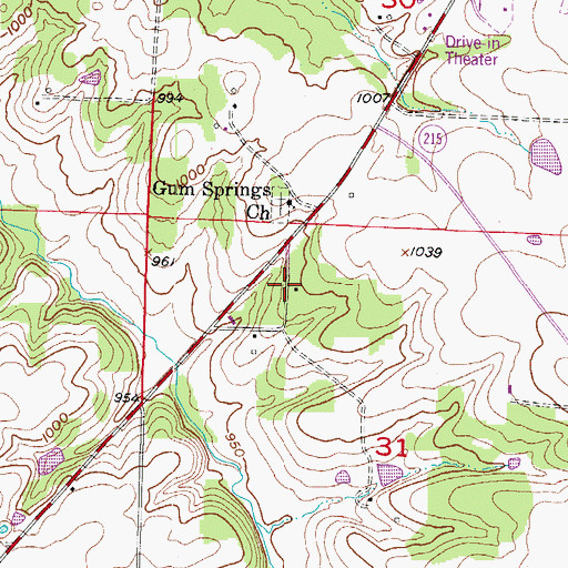 Topographic Map of Gum Springs School (historical), MO