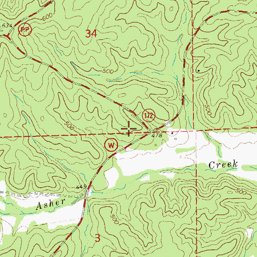 Topographic Map of Asher Creek School (historical), MO