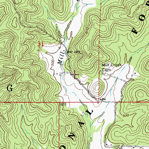 Topographic Map of Mill Creek School, MO