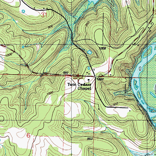 Topographic Map of Twin Cedars Chapel, MO