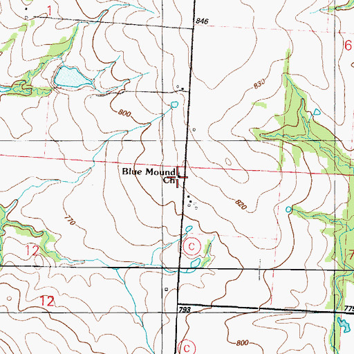 Topographic Map of Blue Mound Baptist Church, MO