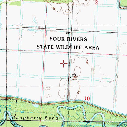 Topographic Map of Four Rivers State Wildlife Area, MO