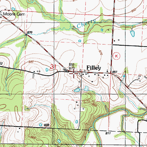 Topographic Map of Filley Community Park, MO