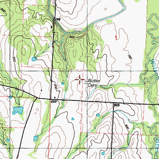 Topographic Map of Butler Cemetery, MO