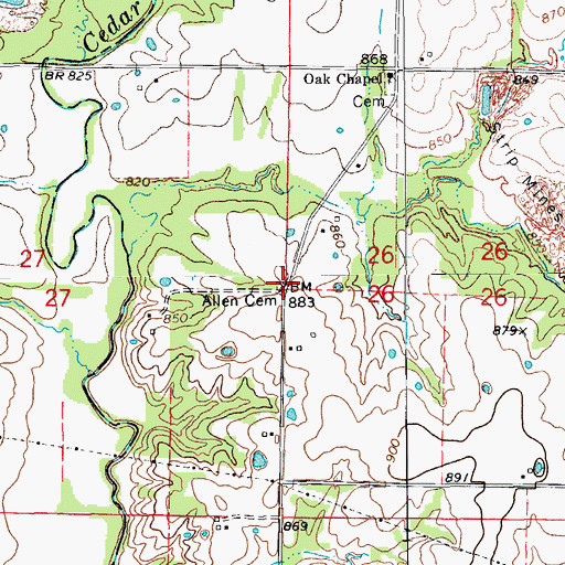 Topographic Map of Allen Cemetery, MO