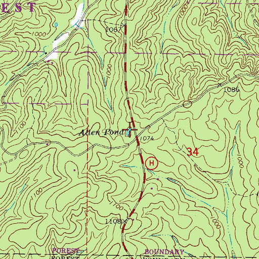 Topographic Map of Allen Pond, MO