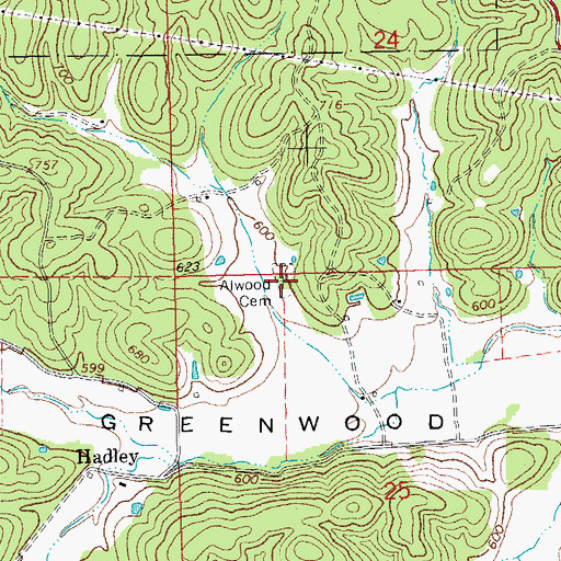 Topographic Map of Alwood Cemetery, MO