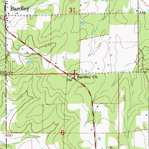 Topographic Map of Bardley Church, MO