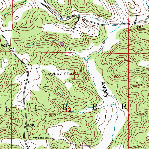 Topographic Map of Avery Cemetery, MO