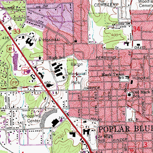 Topographic Map of Bacon Memorial Park, MO