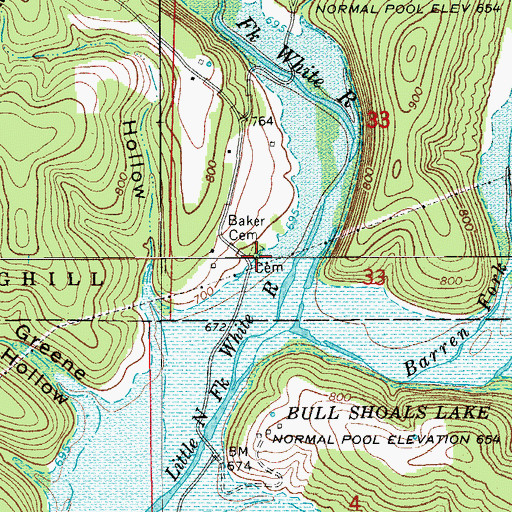 Topographic Map of Baker Cemetery, MO
