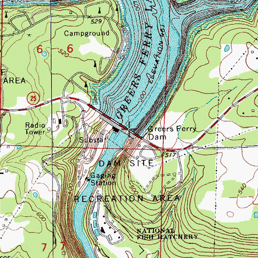 Topographic Map of Greers Ferry Dam, AR