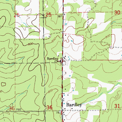 Topographic Map of Bardley Church, MO