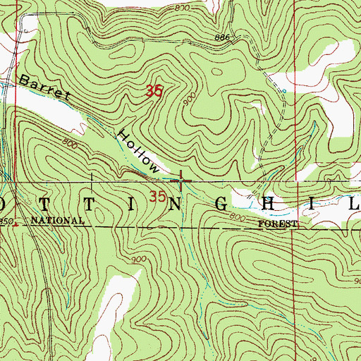 Topographic Map of Barret Hollow, MO