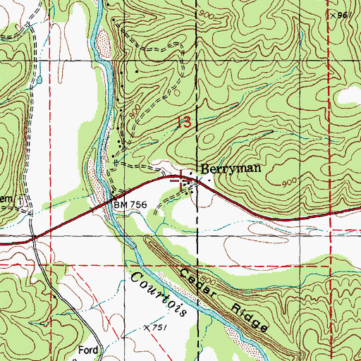 Topographic Map of Berryman, MO