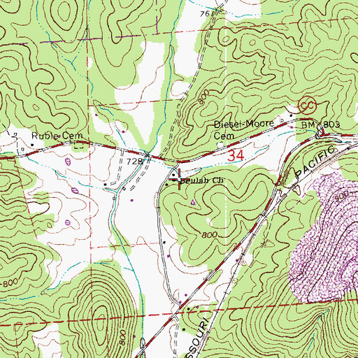 Topographic Map of Beulah Church, MO