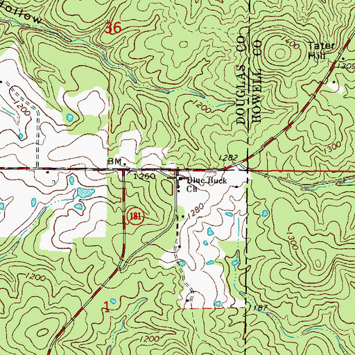 Topographic Map of Blue Rock Church, MO