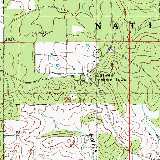 Topographic Map of Braswell Lookout, MO