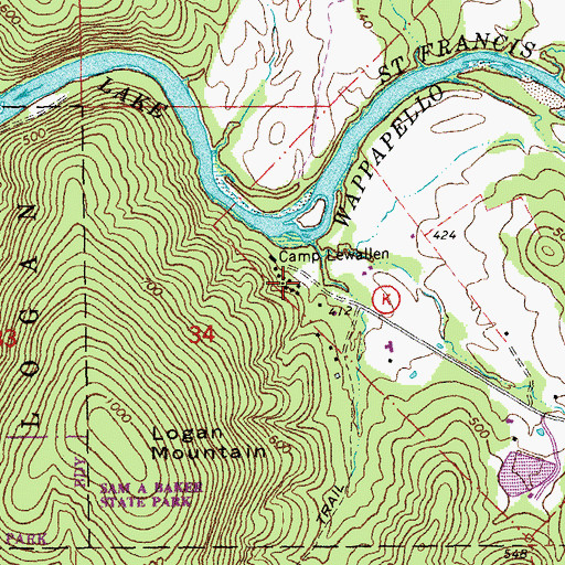 Topographic Map of Camp Lewallen, MO