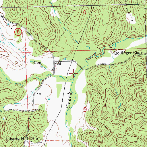Topographic Map of Center Lake Creek, MO