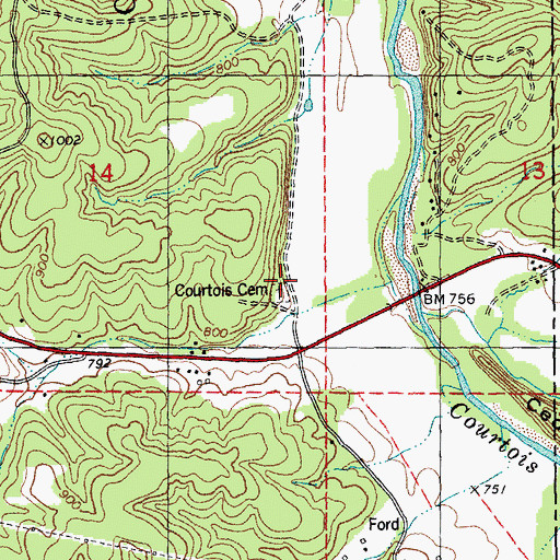 Topographic Map of Courtois Cemetery, MO