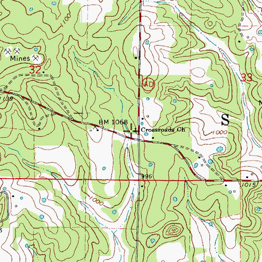Topographic Map of Crossroads Church, MO