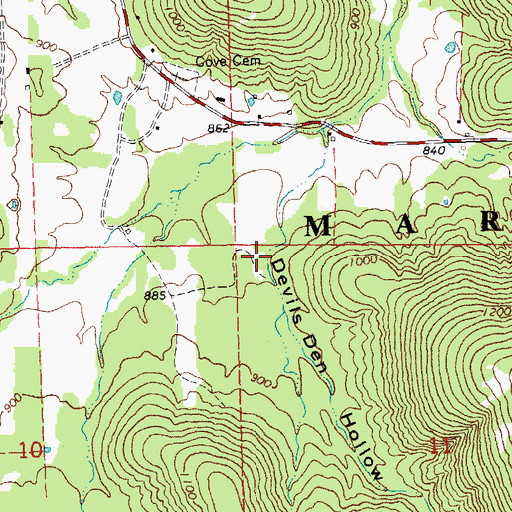 Topographic Map of Devils Den Hollow, MO
