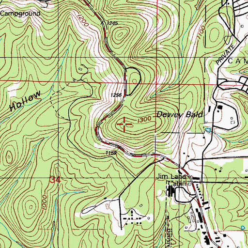 Topographic Map of Dewey Bald, MO