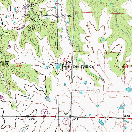 Topographic Map of Dry Fork Church, MO