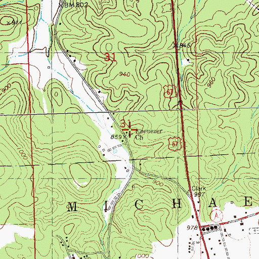 Topographic Map of Ebenezer Church, MO