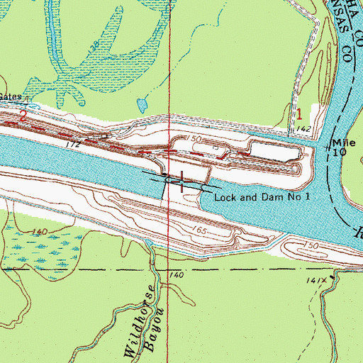 Topographic Map of Lock and Dam Number 1, AR