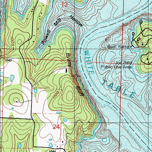 Topographic Map of Evans Bluff, MO