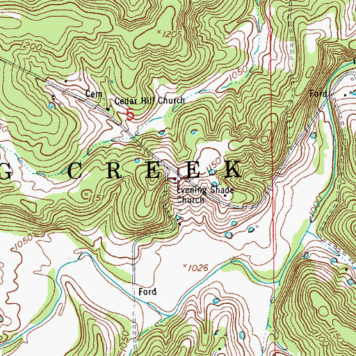 Topographic Map of Evening Shade Church, MO