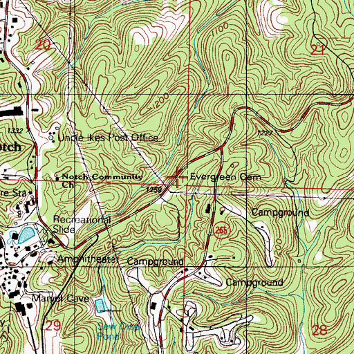 Topographic Map of Evergreen Cemetery, MO