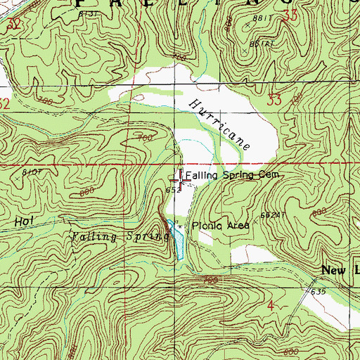 Topographic Map of Falling Spring Cemetery, MO