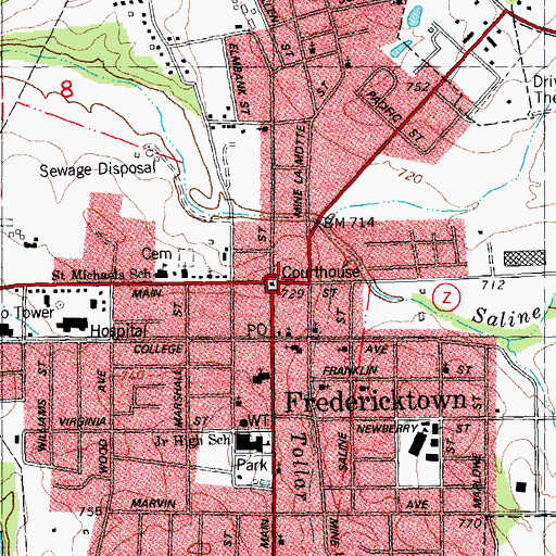 Topographic Map of Fredericktown, MO