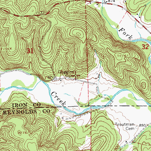 Topographic Map of Goggins Cemetery, MO