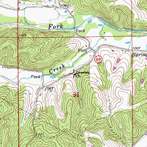 Topographic Map of Greeley Church, MO