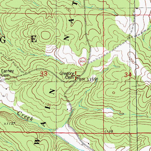Topographic Map of Gregory Cemetery, MO