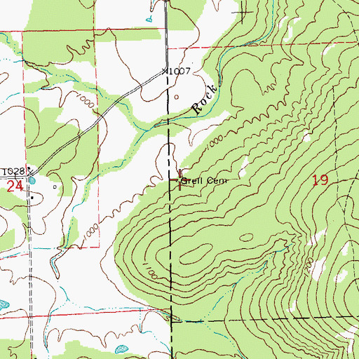 Topographic Map of Grell Cemetery, MO