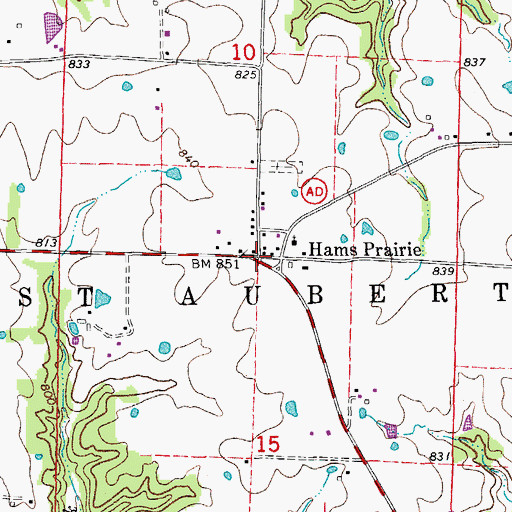 Topographic Map of Hams Prairie, MO
