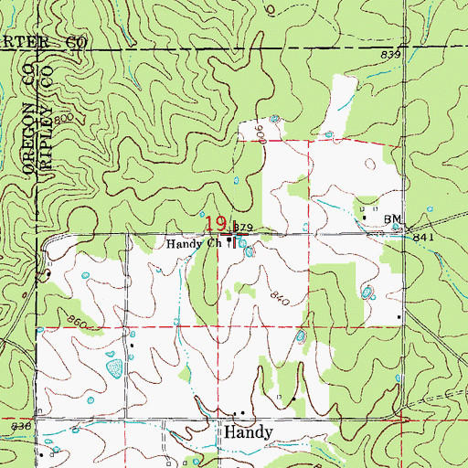 Topographic Map of Handy Church, MO