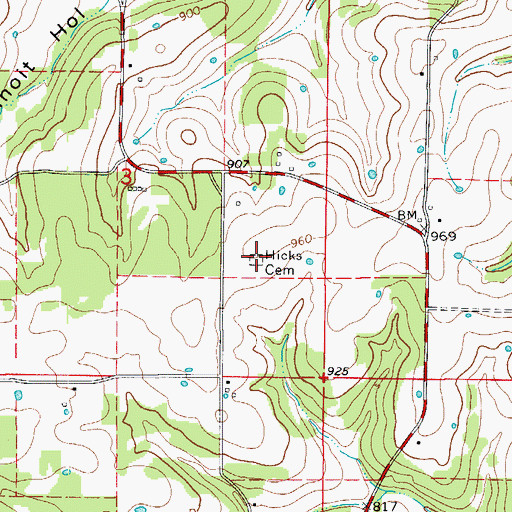 Topographic Map of Hicks Cemetery, MO