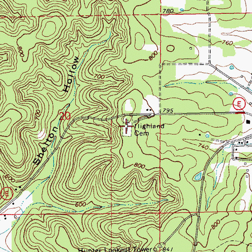 Topographic Map of Highland Cemetery, MO