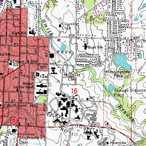 Topographic Map of Hillcrest Cemetery, MO
